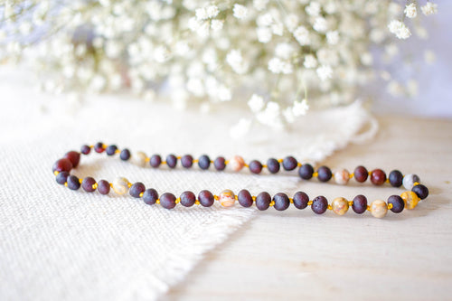 Crazy Agate + Raw Cherry Baltic Amber Necklace