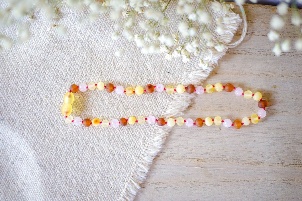 Rose Quartz + Raw Multi Color Baltic Amber Teething Necklace ll Pain ll Calming