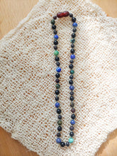 Obsidian, African Turquoise, Lapis Lazuli,  + Raw Cherry Baltic Amber Necklace