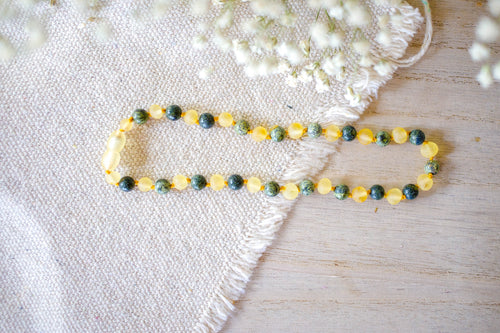 Green Lace Agate + Raw Lemon Baltic Amber Necklace
