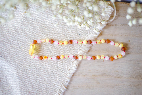 Rose Quartz + Raw Multi Color Baltic Amber Teething Necklace ll Pain ll Calming