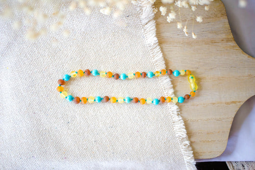 Raw Turquoise + Tri - Color Baltic Amber Necklace ll Drooling ll Arthritis + More.