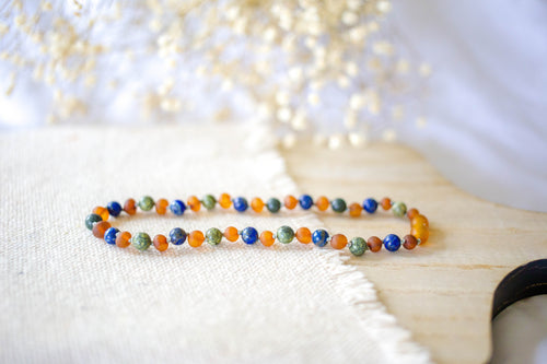 Green Lace Agate and Lapis Lazuli + Raw Cognac Baltic Amber Necklace