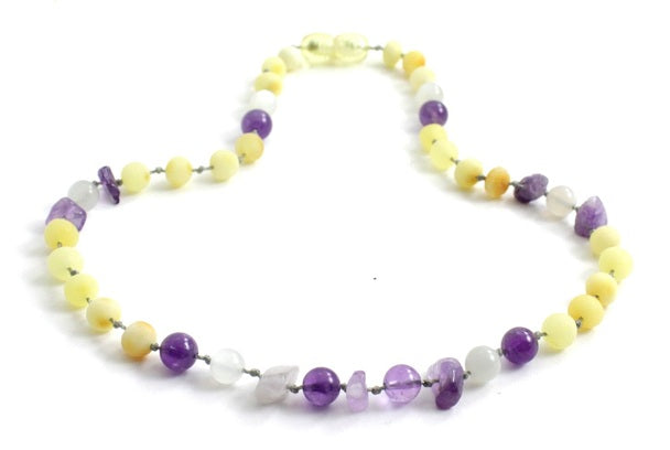Amethyst ( Chips ) + Moonstone + Buttermilk Baltic Amber Necklace