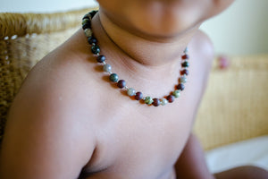 Green Lace Agate and Labradorite + Raw Cherry Baltic Amber Necklace ll Pain ll Stress