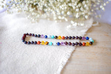 Rainbow Gemstones( 3 Rows ) + Raw Cherry Baltic Amber Necklace ll POP + Screw Clasps