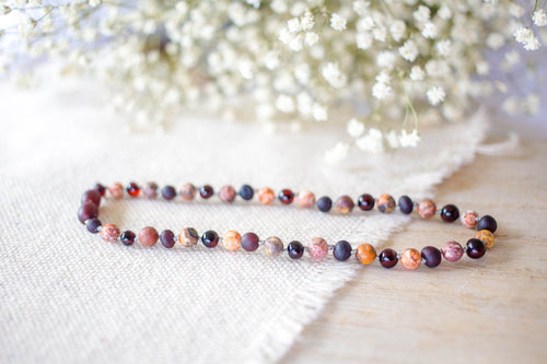 Leopard-Skin Jasper + Raw and Polished Cherry Baltic Amber Necklace ll Pain ll Arthritis
