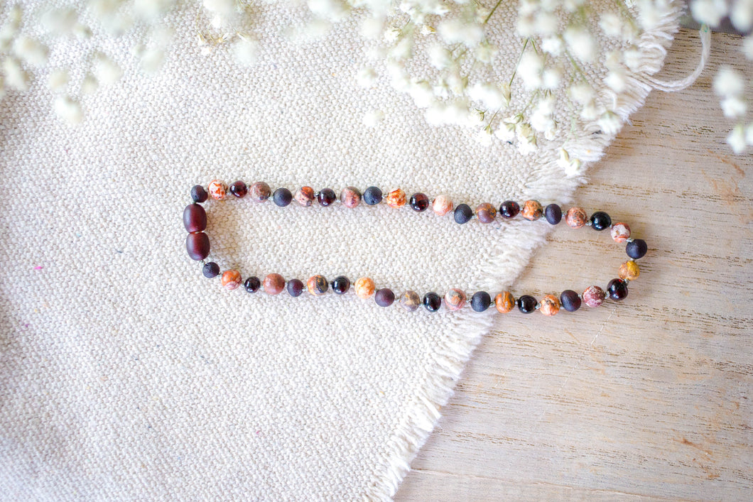 Leopard-Skin Jasper + Raw and Polished Cherry Baltic Amber Necklace ll Pain ll Arthritis