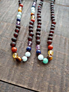 Rainbow Gemstones( 3 Rows ) + Raw Cherry Baltic Amber Teething Necklace ll  Pain ll Stress ll Drooling - SimplyGinger