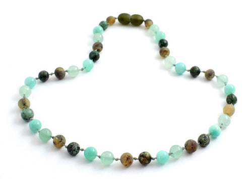 Green Aventurine, Amazonite and African Turquoise + Raw Green Baltic Amber Necklace ll Pain ll Arthritis